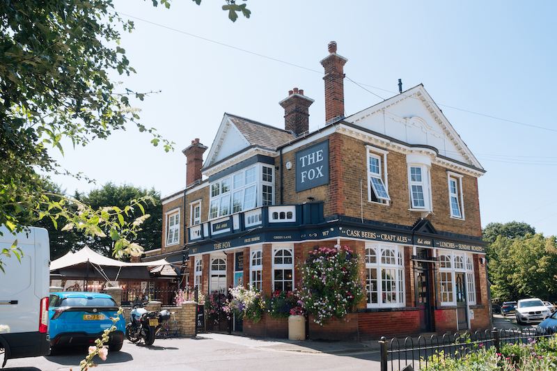 Exterior photo of The Fox Inn Hanwell, the ideal spot for watching UEFA Euro 2024 with an outdoor screen in our large beer garden.